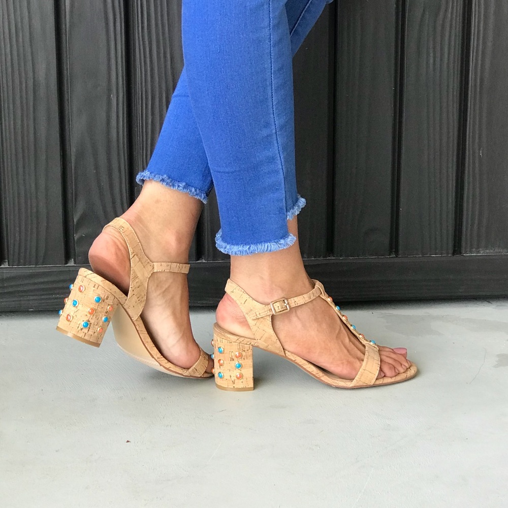 Embellished Natural Cork Low Block Heel Sandal - Picture 3 of 8